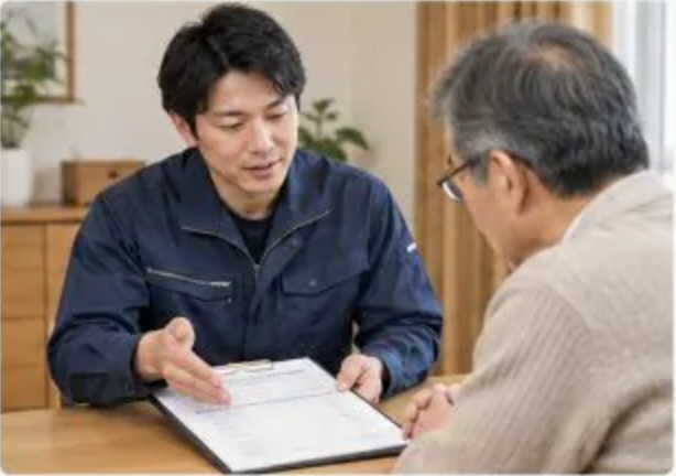 プログラントのスタッフがお客様に見積書をお見せしながら施工内容と料金を説明している様子