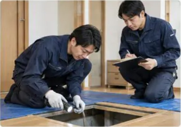 プログラントのスタッフ2名が床下点検口からライトを当てて調査し、内容を記録している様子